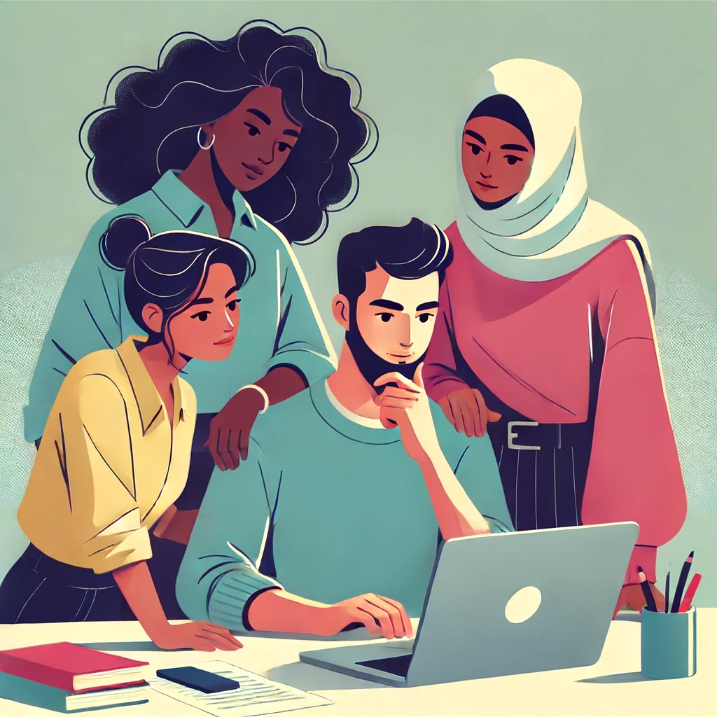 Three diverse colleagues collaborating around a laptop in an office, including a standing Black woman, a sitting Hispanic man, and a Middle Eastern woman discussing with her head raised.