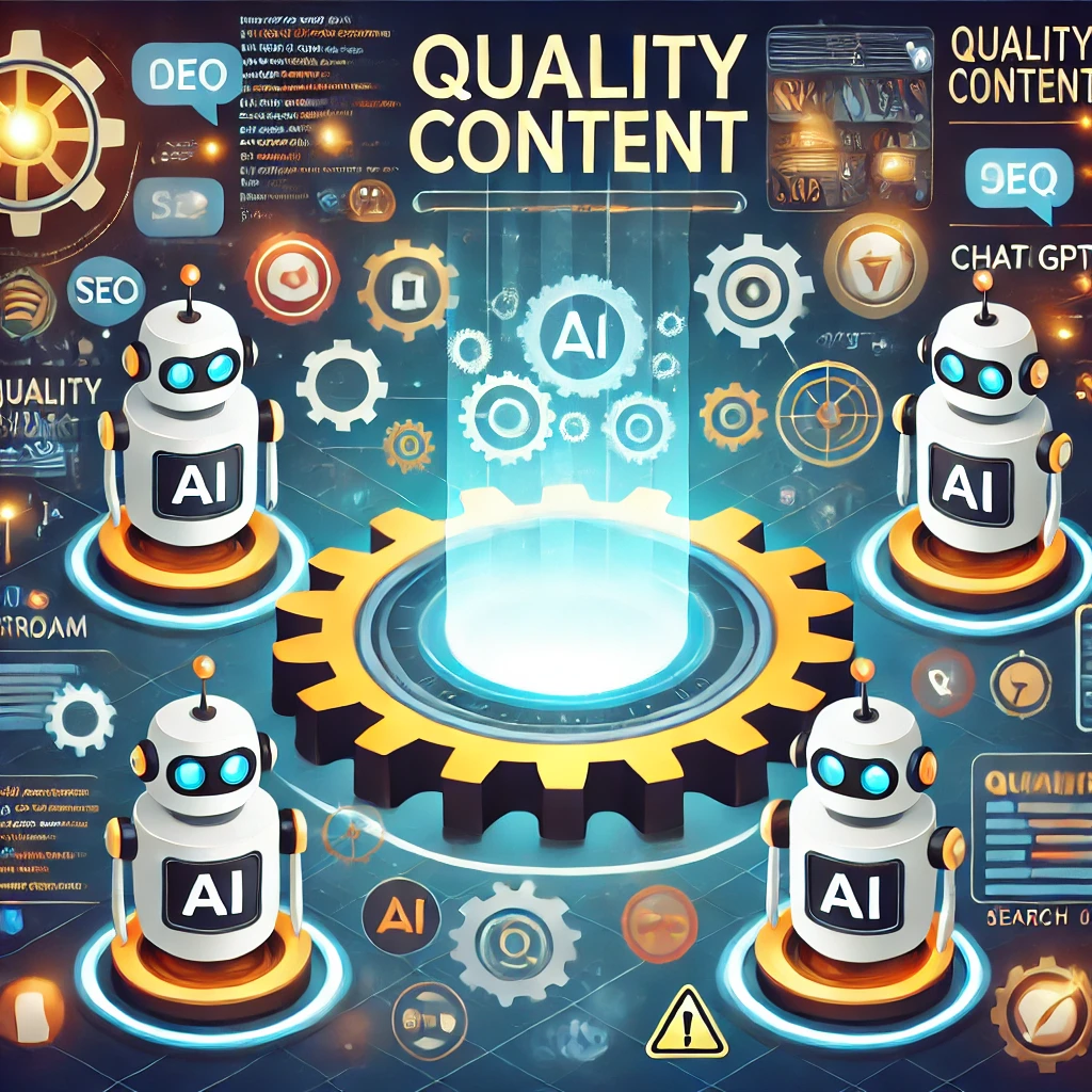 Flat design of a digital workspace where AI and humans collaborate on 'Quality Content,' symbolizing SEO and Google's quality emphasis.