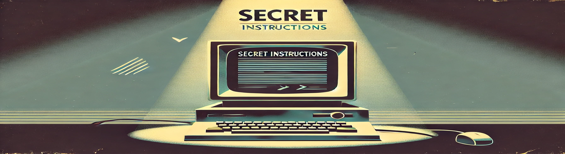 A minimalistic, retro-style image showing a dramatic reveal of secret instructions on an old school computer screen. The screen has a dark background with a mysterious spotlight highlighting the text. The computer features a CRT monitor and a bulky keyboard, with a background of muted pastel colors and simple geometric shapes.